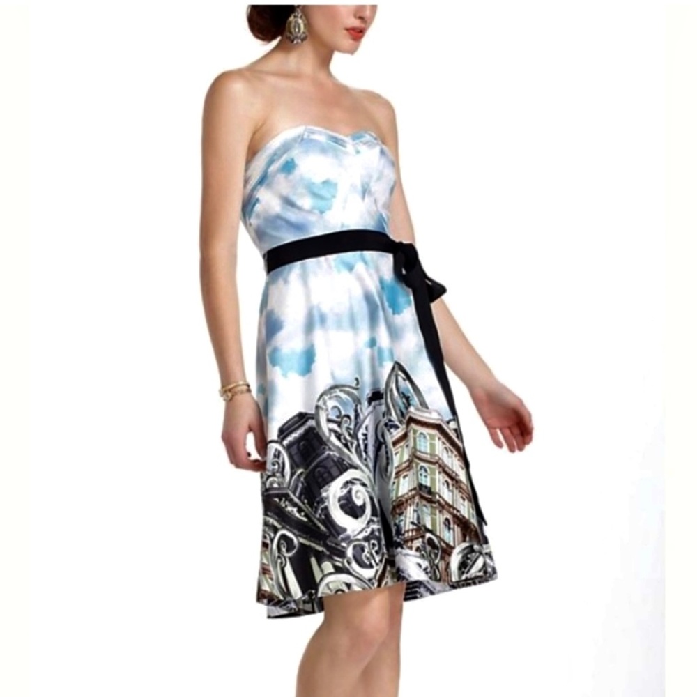 Moulinette Soeurs Anthropologie Skyward Paris City Print Strapless Dress Sz 2 - Picture 2 of 15